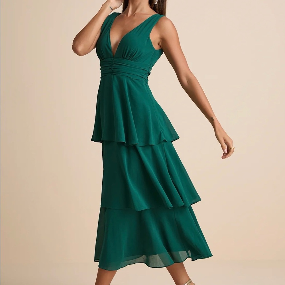 Lulu's Deep Green Layered Midi Dress - Picture 2 of 6